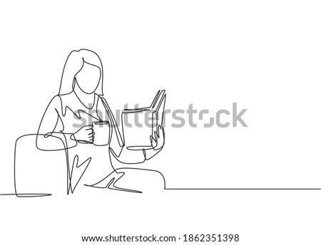 One continuous line drawing of young happy female office worker leaning on ottoman sofa while reading a novel book story. Drinking tea concept single line draw graphic design vector illustration