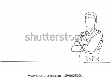 Single continuous line drawing of young male waiter cross arm on chest while holding resto menu. Professional work job occupation. Minimalism concept one line draw graphic design vector illustration