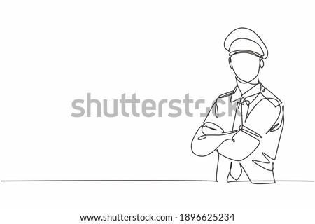 Single continuous line drawing of young male pilot posing cross his arm on chest before flight. Professional work job occupation. Minimalism concept one line draw graphic design vector illustration