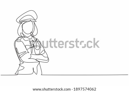 Single one line drawing of young beauty female pilot in uniform cross arm on chest. Professional work profession and occupation minimal concept. Continuous line draw design graphic vector illustration