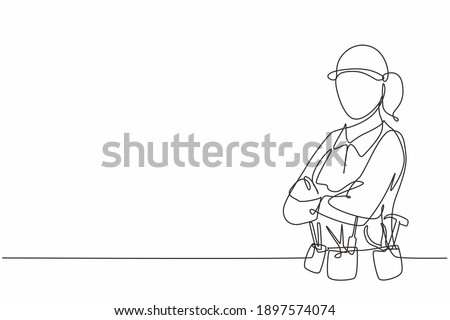 Continuous one line drawing of young handy woman pose cross arms on chest before going to work. Professional job profession minimalist concept. Single line draw design vector graphic illustration