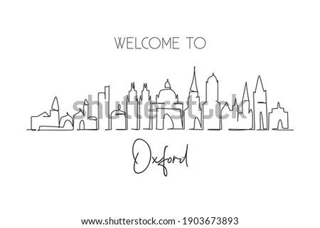 Single continuous line drawing Oxford skyline, England. Famous city scraper landscape gallery. World travel home wall decor art poster print concept. Modern one line draw design vector illustration