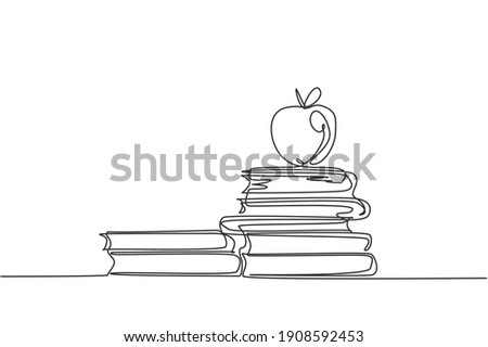 Continuous one line drawing of apple above books stack minimalist vector illustration design on white background. Isolated simple line modern graphic style. Hand drawn graphic concept for education