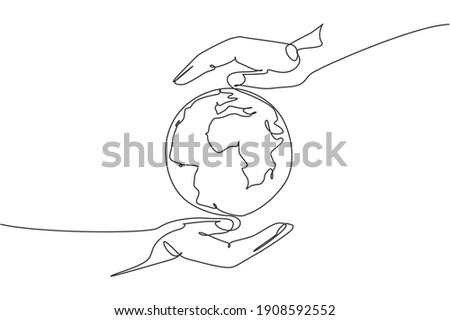 Hand hold globe earth. Single continuous line world global map graphic icon. Simple one line doodle for environment campaign concept. Isolated vector illustration minimalist design on white background