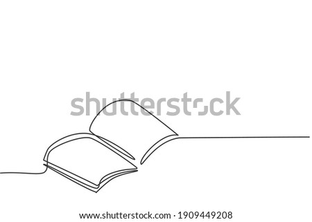 Single one line drawing of open text book for study. Back to school minimalist, education concept. Continuous simple line draw style design graphic vector illustration