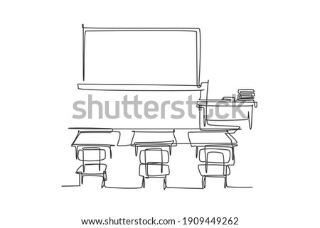 Continuous one line drawing interior design at school classroom with white board. Back to school hand drawn minimalism concept. Single line draw design for education vector graphic illustration