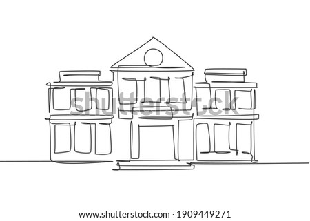 Single continuous line drawing of second story elementary school building. Back to school minimalist style. Education concept. Modern one line draw graphic design vector illustration