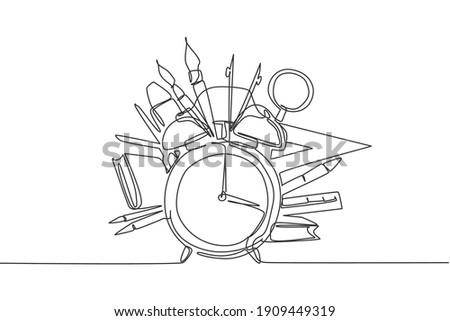 Continuous one line drawing of alarm clock with book, magnifier, triangle ruler, pen. Back to school hand drawn minimalism concept. Single line draw design for education vector graphic illustration