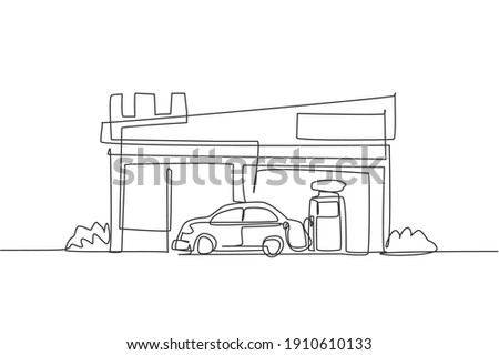 Single one line drawing of gas station for refueling car gasoline. Rest area construction building isolated doodle minimal concept. Trendy continuous line draw design graphic vector illustration
