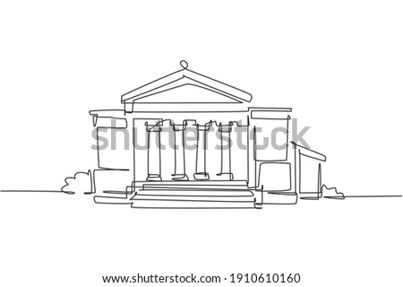 Single one line drawing classic museum construction building with pillar at front. Art gallery structure isolated doodle minimal concept. Trendy continuous line draw design graphic vector illustration