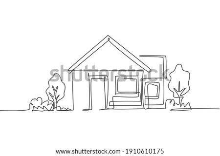 Continuous one line drawing of green little house with garden trees at village. Nature home architecture hand drawn minimalist concept. Modern single line draw design vector graphic illustration