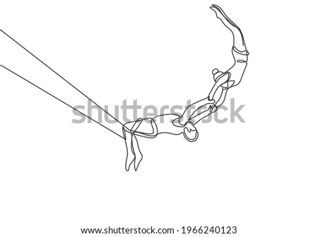 Single one line drawing two acrobatic players in action on a trapeze with a male player hanging from his two legs while catching a female player. One line draw design graphic vector illustration.