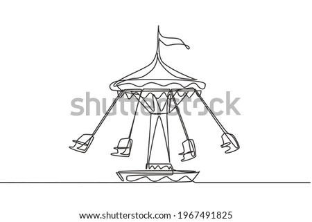 Continuous one line drawing wave swinger in the amusement park with four seats and a flag above. The passengers can swing around in the sky. Single line drawing design, vector graphic illustration.