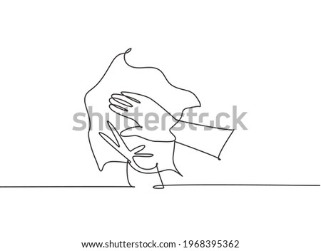 Single one line drawing of twelve steps hand washing by wiping your palms dry with a towel. Hand hygiene to avoid the corona virus. Modern continuous line draw design graphic vector illustration.