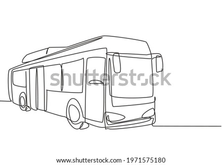 Single continuous line drawing city buses serving commuter employees and school students depart from their homes to their respective destinations. One line draw graphic design vector illustration.