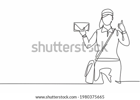 Continuous one line drawing postwoman wearing a hat and uniform with a thumbs-up gesture holds the envelope to work for delivery to homes. Single line draw design vector graphic illustration
