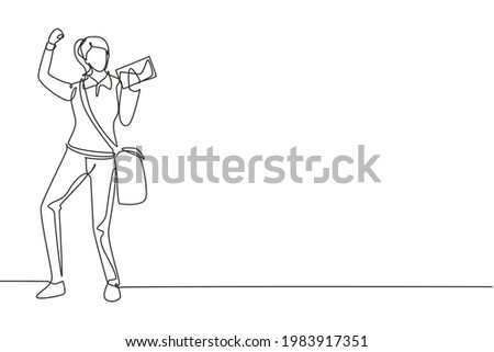 Continuous one line drawing postwoman standing with celebrate gesture, wearing uniform, bag, and holding envelope delivering mail to home address. Single line draw design vector graphic illustration