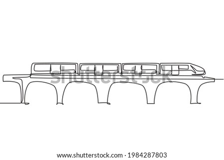 Single one line drawing of train seen from the front prepares to carry passengers quickly, safely and comfortably to their destination. Modern continuous line draw design graphic vector illustration.