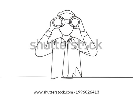 Single continuous line drawing young businessman looking through binoculars searching for job. Find all opportunities in the world of suitable jobs. One line draw graphic design vector illustration