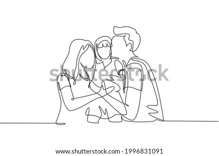 Single continuous line drawing parents kissing their little girl on her cheeks. Adorable child with an innocent expression. National children's day. One line draw graphic design vector illustration