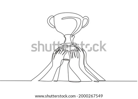 Continuous one line drawing golden trophy held by many hands. Symbol of winning championships, matches and sports competitions. Best achievement. Single line draw design vector graphic illustration