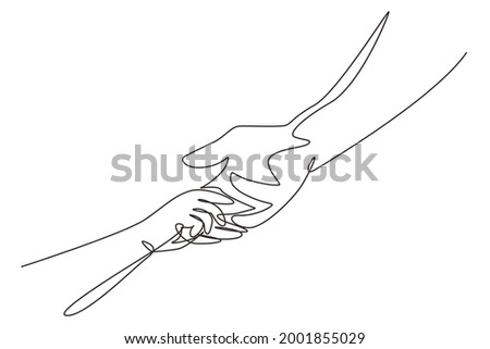 Continuous one line drawing father giving hand to child. Childhood with family. Daughter have bonding with her father. Hero father and family pride. Single line draw design vector graphic illustration