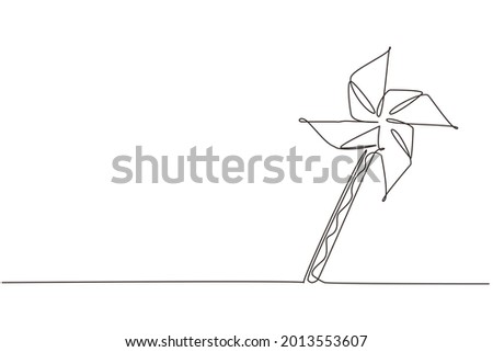 Single continuous line drawing paper windmill. Origami paper windmill. Playing equipment depicting toy pinwheel. Children's toy rotating in the wind. One line draw graphic design vector illustration