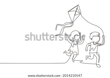 Single continuous line drawing little boy and girl flying kite. Siblings playing together. Kids  playing kite in playground. Children with kites game and they look happy. One line draw graphic design