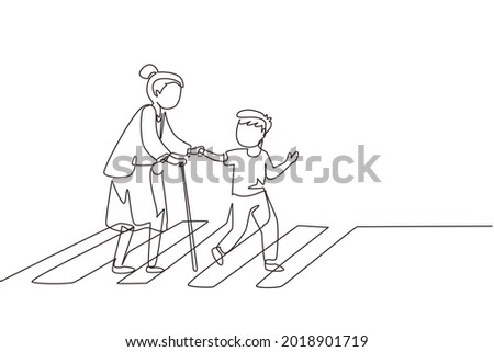 Single continuous line drawing polite boy help grandmother cross street. Well mannered child assistance to aged woman. Kid and elderly female go on crosswalk together. One line graphic design vector