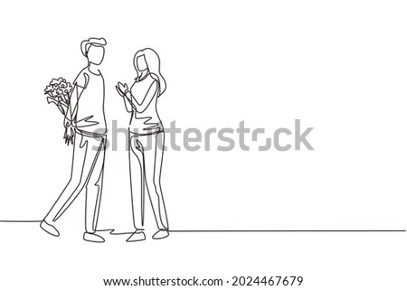 Continuous one line drawing man gives flowers to woman. Young man giving to woman bouquet of flowers for propose. Happy romantic couple in love. Single line draw design vector graphic illustration