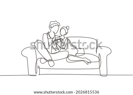 Single one line drawing happy couple sitting on the sofa, talking and drinking coffee. Man and woman have relaxing day off at living room. Romance and love concept. Continuous line draw design vector