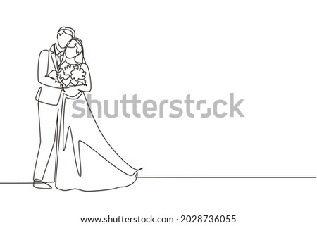 Single one line drawing man gives flowers to woman and hug her. Man giving to woman bouquet of flowers in wedding day. Happy romantic married couple in love. Continuous line draw design graphic vector Сток-фото © 