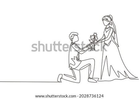 Single continuous line drawing man on knee give bouquet to woman wearing wedding dress. Boy in love giving flowers. Happy couple getting ready for wedding party. One line draw graphic design vector Stockfoto © 