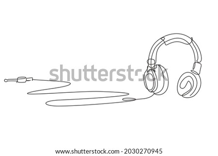Single one line drawing woman listening to music. Headphones musical sound wave. Music gadget and note. Audio headphone outline sketch. Vector concept of musical symbol. Continuous line draw design