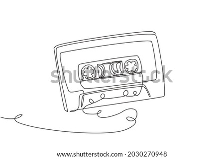 Single continuous line drawing retro compact tape cassette. Vintage music icon audio cassette tape element in doodle style isolated on a white. Dynamic one line draw graphic design vector illustration
