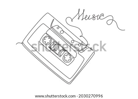 Continuous one line drawing music slogan with cassette tape illustration. Retro compact tape cassette. Vintage red audio cassette tape in doodle style isolated on white. Single line draw design vector