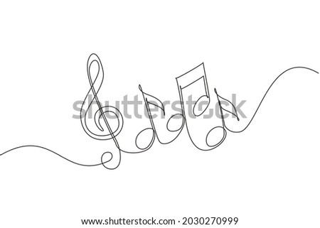 Continuous one line drawing music notes on stave. Musical symbol in one linear minimalist style. Trendy abstract wave melody. Vector outline sketch sound. Single line draw design graphic illustration