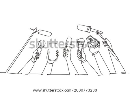 Continuous one line drawing hand with microphone. Journalism concept. Set of hands holding microphones. Press hands flat hand. Microphone. Journalist. Single line draw design vector illustration