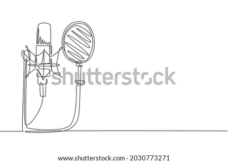 Single one line drawing technology object, sound recording equipment concept. Studio silver microphone and black pop shield on mic stand. Modern continuous line draw design graphic vector illustration