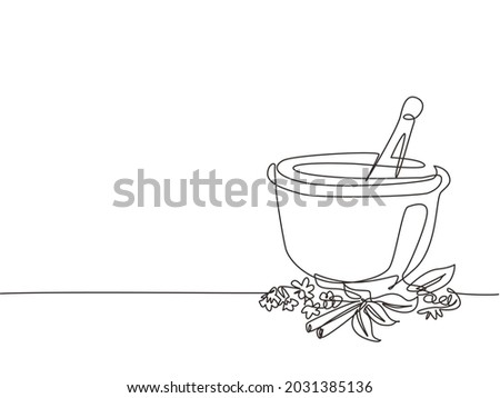 Single continuous line drawing mortar and pestle vintage line drawing. Ayurvedic medicine bowl. Herbal medicine concept. Isolated. Flat style. Dynamic one line draw graphic design vector illustration Foto d'archivio © 