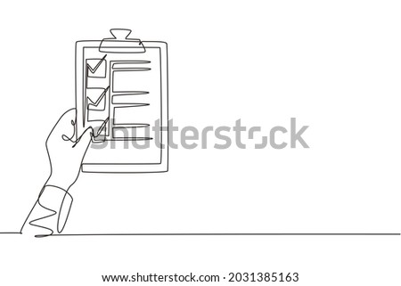 Continuous one line drawing clipboard in hand doctor. Doctor takes notes in clipboard. Medical report background. Patient care check list template. Single line draw design vector graphic illustration