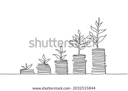 Single continuous line drawing step of coins stacks, money, saving and investment or family planning. Concept for return money saving and investment. One line draw graphic design vector illustration 商業照片 © 