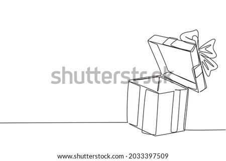 Single one line drawing open white gift box with ribbon and bow. Greeting present package. Decorative gift or cardboard box with bow. Modern continuous line draw design graphic vector illustration