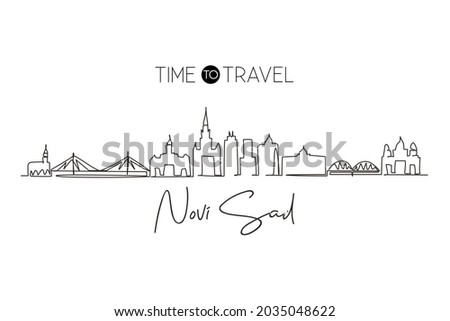 Single continuous line drawing Novi Sad city skyline, Serbia. Historical town landscape in world. Best holiday destination wall decor. Editable stroke trendy one line draw design vector illustration