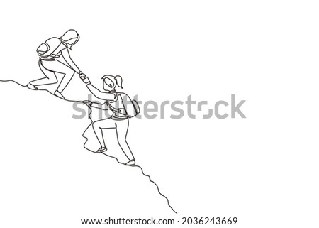 Continuous one line drawing two people woman success on peak of mountain. Team of climbers helping hand on mountain top. Teamwork hiking, trust assistance in mountains. Single line draw design vector Photo stock © 
