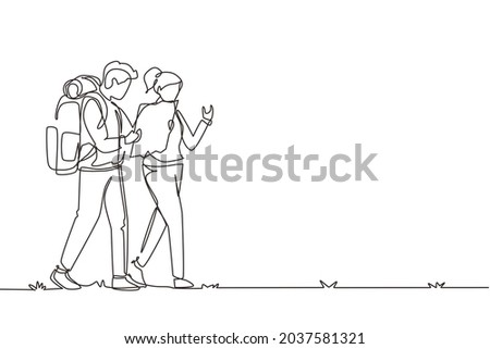 Continuous one line drawing couples hiking man woman with backpack and map is traveling in outdoor. Trekking, exploration, hiking tours. Tourism, adventures in nature. Single line draw design vector