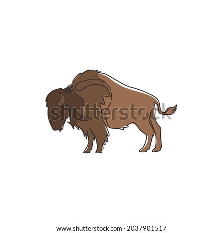 One continuous line drawing of strong north american bison for conservation forest logo identity. Big bull mascot concept for national park. Modern one line draw vector graphic design illustration