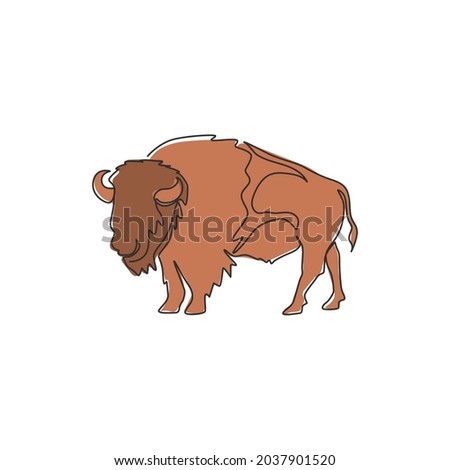 One continuous line drawing of strong north american bison for conservation forest logo identity. Big bull mascot concept for national park. Dynamic one line draw design illustration vector graphic