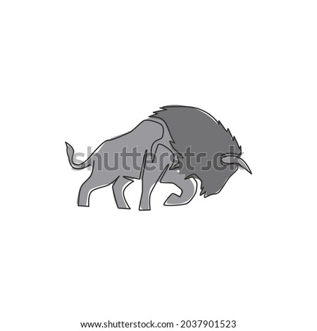 One single line drawing of healthy organic american bison for livestock cattle logo identity. Big buffalo mascot concept for canned meat food. Dynamic one line vector graphic draw design illustration