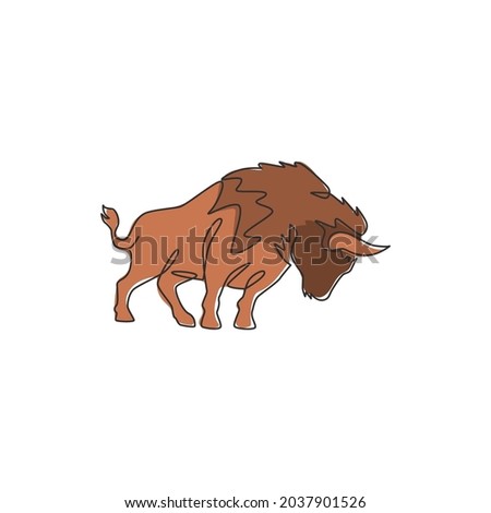 One single line drawing of healthy organic american bison for livestock cattle logo identity. Big buffalo mascot concept for canned meat food. Modern one line draw design vector graphic illustration